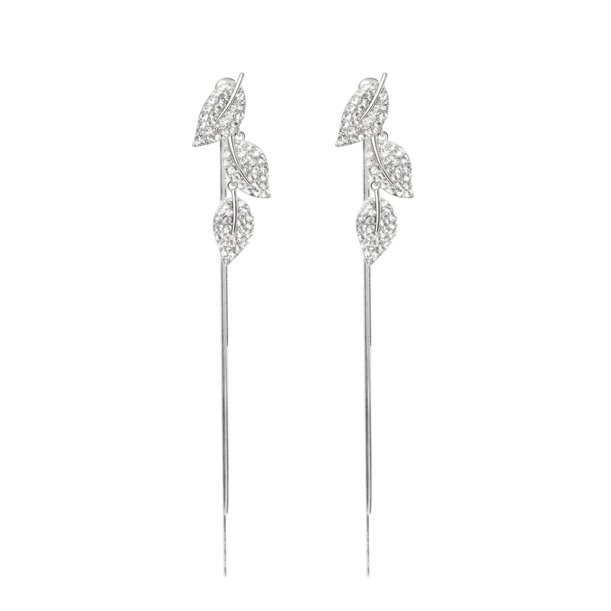 Pair of silver leaf-shaped earrings on a white background